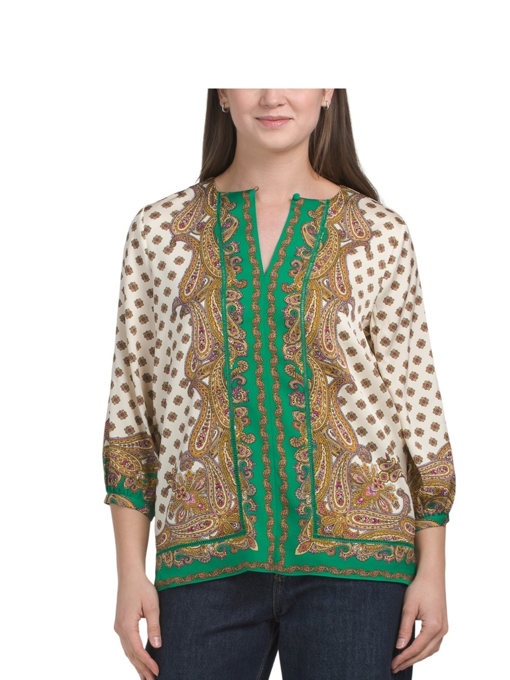Elie Tahari Cream Top with Green Paisley Front Panel